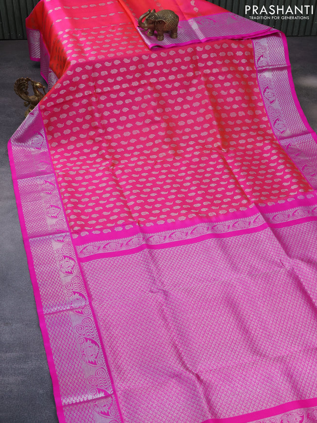 Venkatagiri silk saree dual shade of pinkish orange and pink with allover silver zari woven butta weaves and silver zari woven border