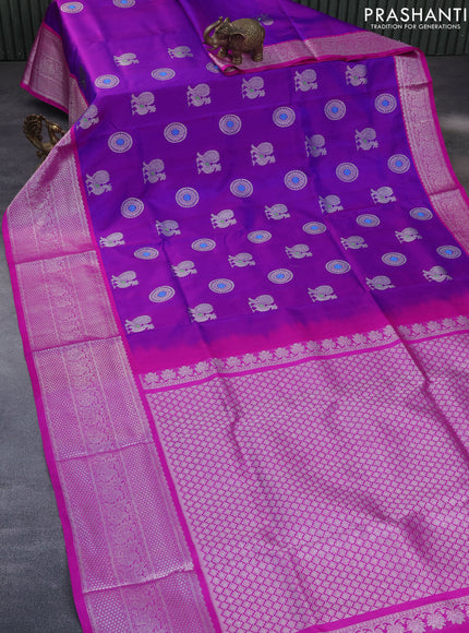 Venkatagiri silk saree purple and pink with silver zari woven annam buttas and long silver zari woven border