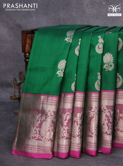 Venkatagiri silk saree green and pink with silver zari woven peacock buttas and silver zari woven annam border