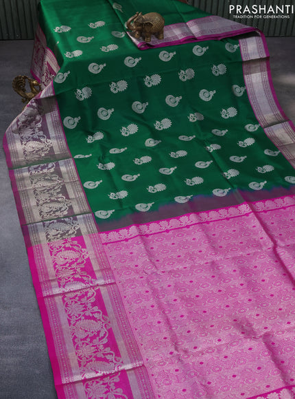 Venkatagiri silk saree green and pink with silver zari woven peacock buttas and silver zari woven annam border