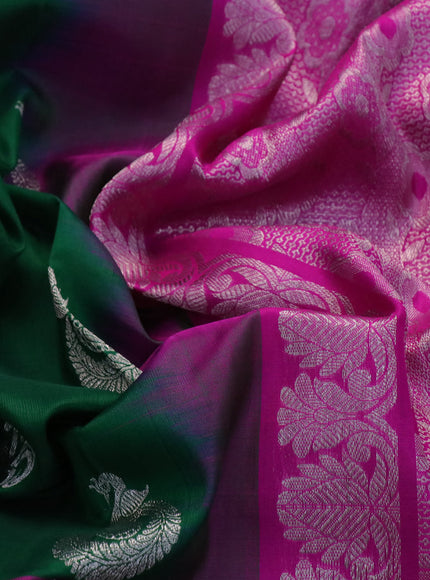 Venkatagiri silk saree green and pink with silver zari woven peacock buttas and silver zari woven annam border