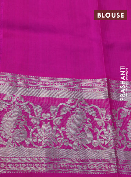 Venkatagiri silk saree green and pink with silver zari woven peacock buttas and silver zari woven annam border