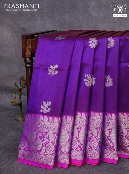 Venkatagiri silk saree dual shade of blue and pink with silver zari woven buttas and silver zari woven annam border