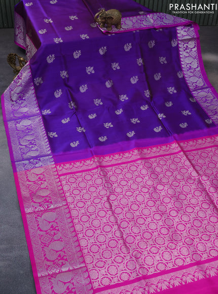 Venkatagiri silk saree dual shade of blue and pink with silver zari woven buttas and silver zari woven annam border