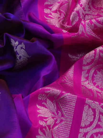 Venkatagiri silk saree dual shade of blue and pink with silver zari woven buttas and silver zari woven annam border