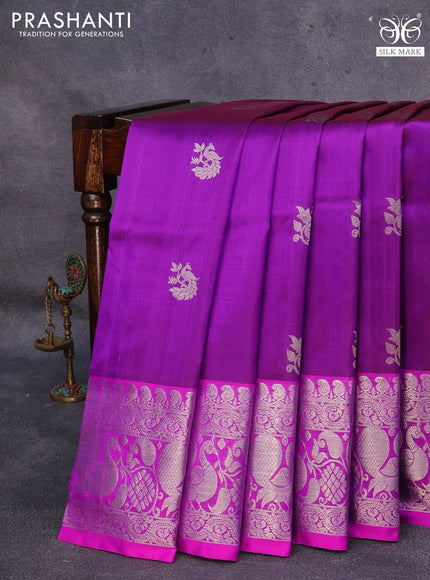 Venkatagiri silk saree purple and pink with silver zari woven buttas and silver zari woven annam border