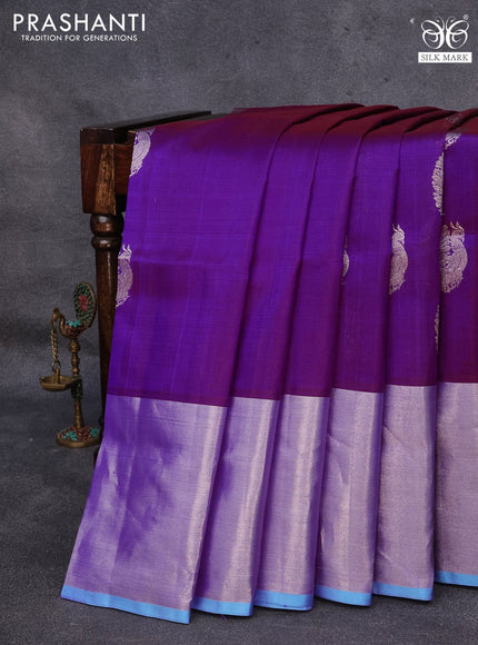 Venkatagiri silk saree purple and light blue with silver zari woven buttas and long silver zari woven border