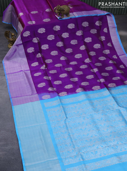 Venkatagiri silk saree purple and light blue with silver zari woven buttas and long silver zari woven border