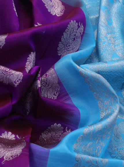 Venkatagiri silk saree purple and light blue with silver zari woven buttas and long silver zari woven border