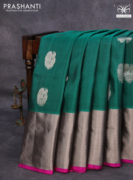 Venkatagiri silk saree peacock green and pink with silver zari woven buttas and long silver zari woven border