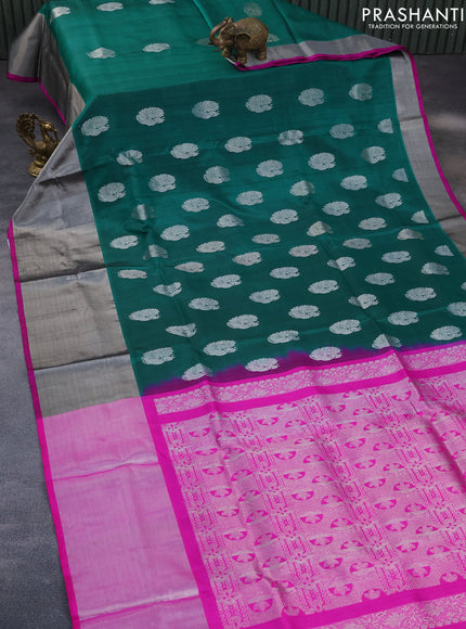 Venkatagiri silk saree peacock green and pink with silver zari woven buttas and long silver zari woven border