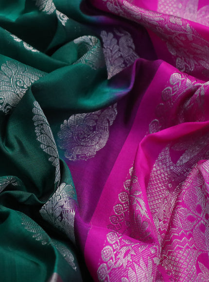 Venkatagiri silk saree peacock green and pink with silver zari woven buttas and long silver zari woven border