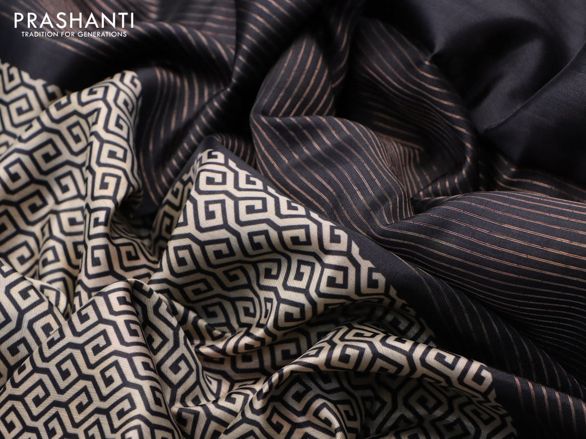 Semi tussar saree off white and black with allover geometric prints and zari woven border