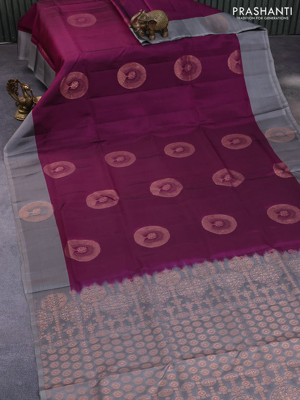 Kanchipuram soft silk saree magenta pink and grey with copper zari woven buttas and copper zari woven butta border