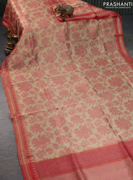 Tissue saree sandal and maroon with allover floral digital prints and temple design zari woven border