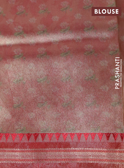 Tissue saree sandal and maroon with allover floral digital prints and temple design zari woven border