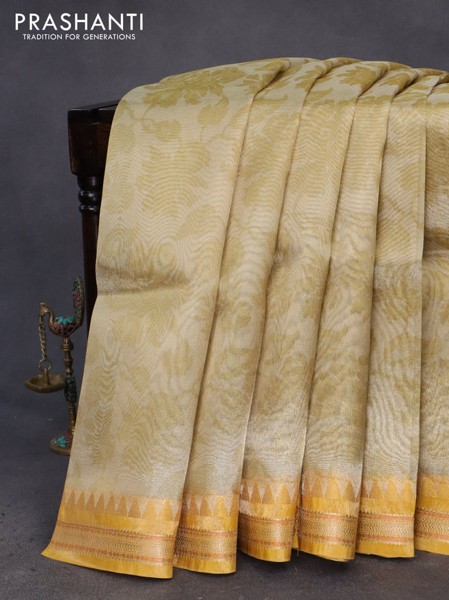 Tissue saree beige and mustard yellow with allover floral digital prints and temple design zari woven border