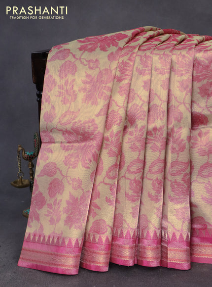 Tissue saree beige and pink with allover floral digital prints and temple design zari woven border