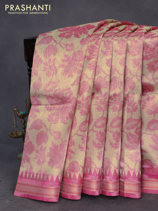 Tissue saree beige and pink with allover floral digital prints and temple design zari woven border