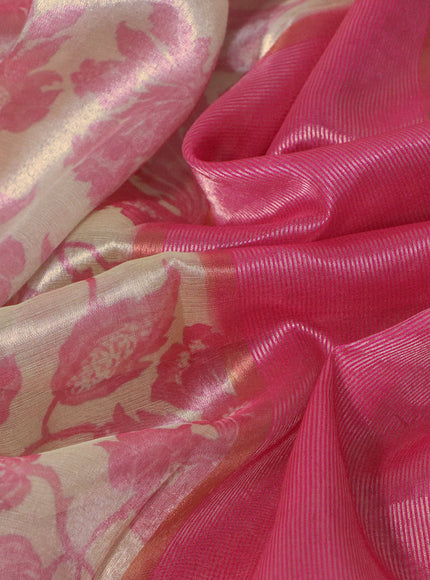 Tissue saree beige and pink with allover floral digital prints and temple design zari woven border