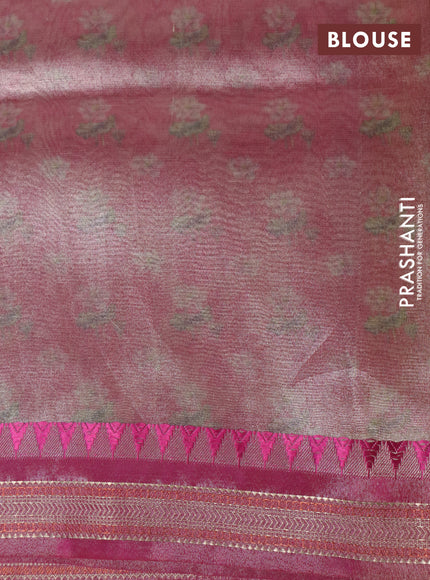 Tissue saree beige and pink with allover floral digital prints and temple design zari woven border