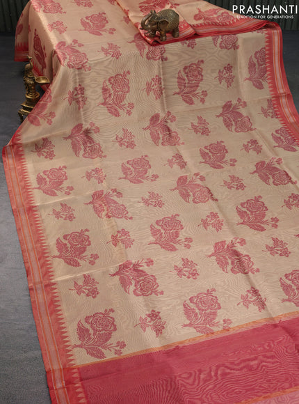 Tissue saree sandal and red with allover floral digital prints and temple design zari woven border