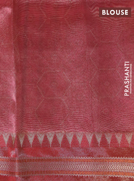 Tissue saree sandal and red with allover floral digital prints and temple design zari woven border