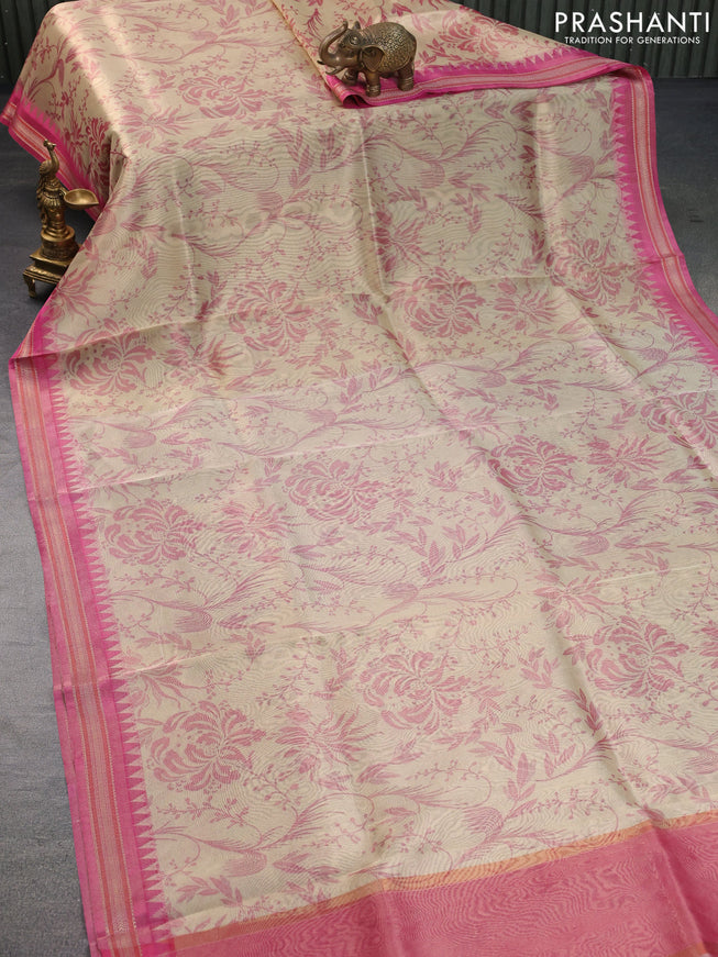 Tissue saree sandal and pink with allover digital prints and temple design zari woven border