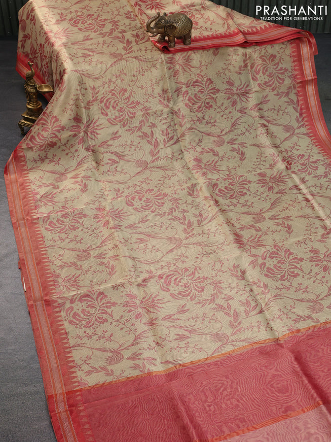 Tissue saree sandal and red with allover digital prints and temple design zari woven border