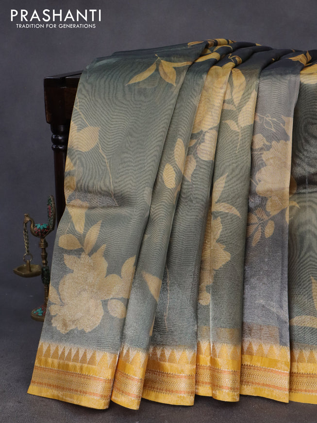 Tissue saree grey shade and yellow with allover floral digital prints and temple design zari woven border