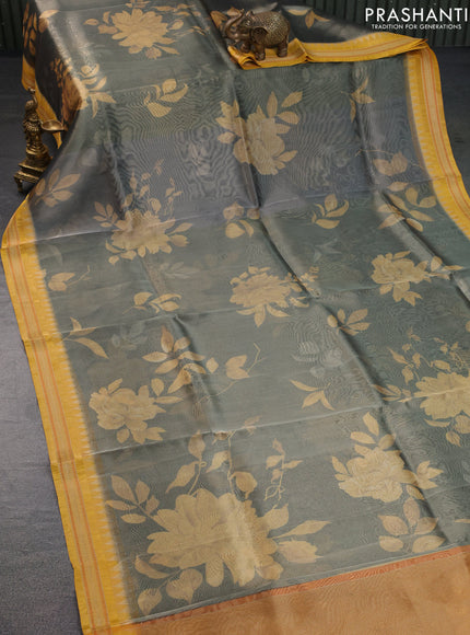 Tissue saree grey shade and yellow with allover floral digital prints and temple design zari woven border