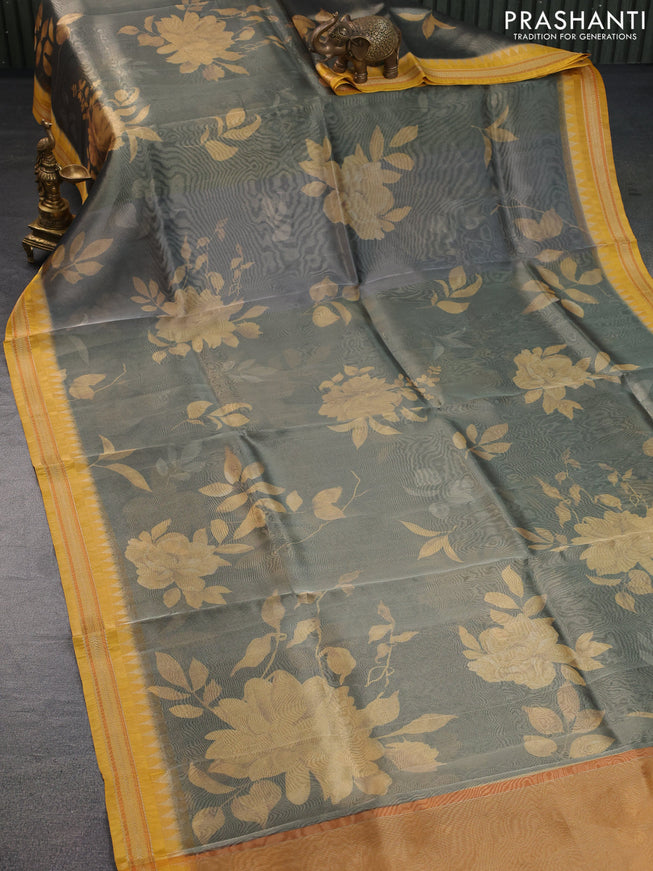 Tissue saree grey shade and yellow with allover floral digital prints and temple design zari woven border