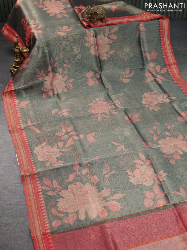 Tissue saree grey shade and red with allover floral digital prints and temple design zari woven border