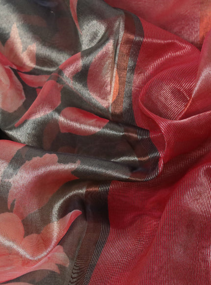 Tissue saree grey shade and red with allover floral digital prints and temple design zari woven border