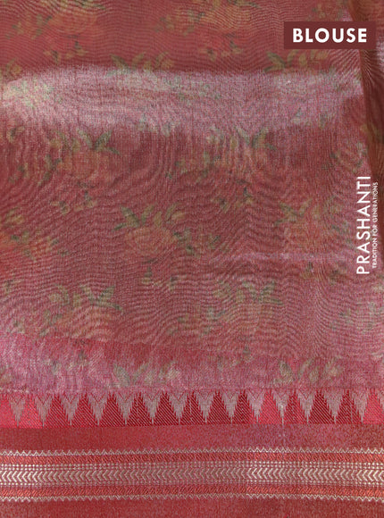 Tissue saree grey shade and red with allover floral digital prints and temple design zari woven border