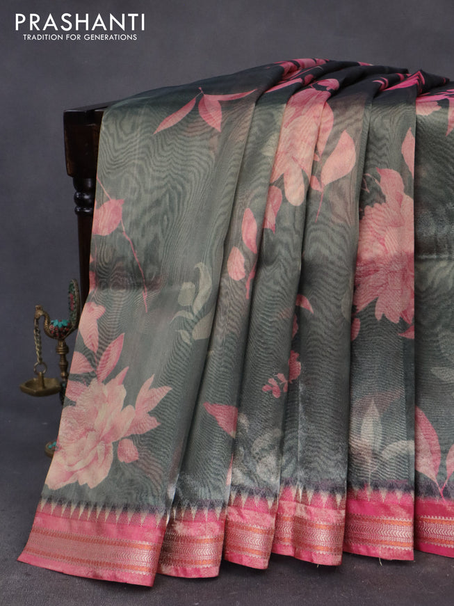 Tissue saree grey shade and pink with allover floral digital prints and temple design zari woven border