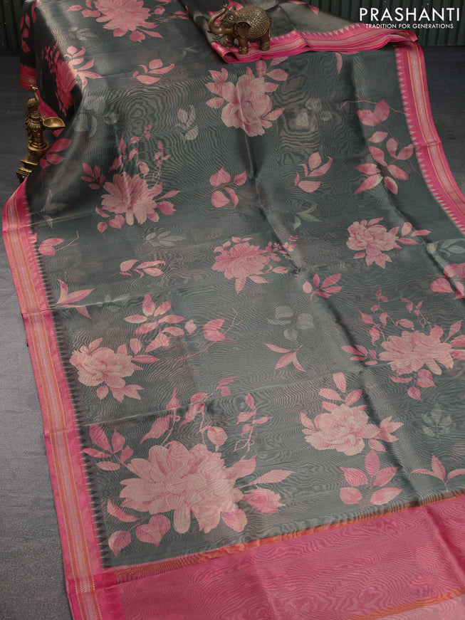 Tissue saree grey shade and pink with allover floral digital prints and temple design zari woven border