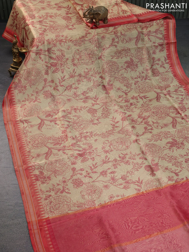 Tissue saree sandal and red with allover floral digital prints and temple design zari woven border