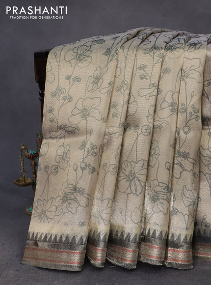 Tissue saree beige and grey with allover floral digital prints and temple design zari woven border