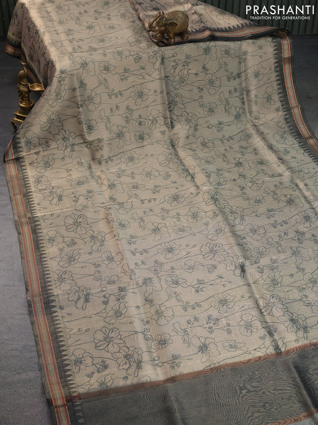 Tissue saree beige and grey with allover floral digital prints and temple design zari woven border