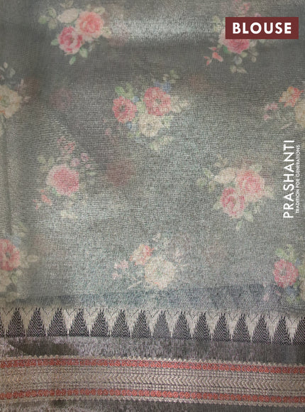 Tissue saree beige and grey with allover floral digital prints and temple design zari woven border