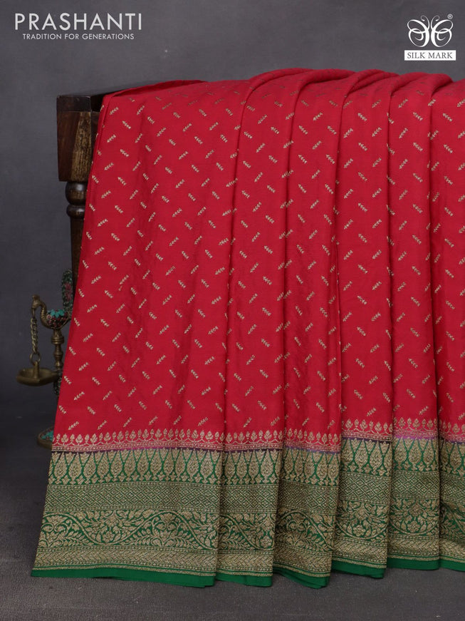 Banarasi crepe saree red and green with allover thread & zari woven buttas and woven border