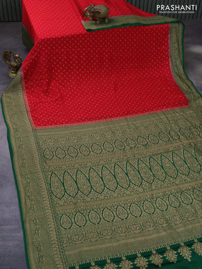 Banarasi crepe saree red and green with allover thread & zari woven buttas and woven border