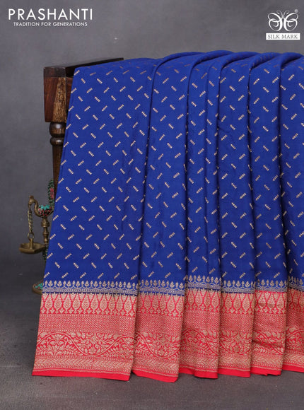 Banarasi crepe saree blue and red with allover thread & zari woven buttas and woven border