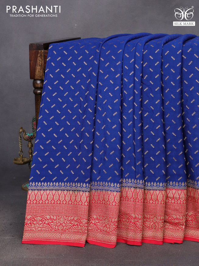 Banarasi crepe saree blue and red with allover thread & zari woven buttas and woven border