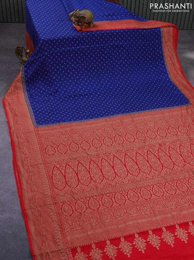 Banarasi crepe saree blue and red with allover thread & zari woven buttas and woven border