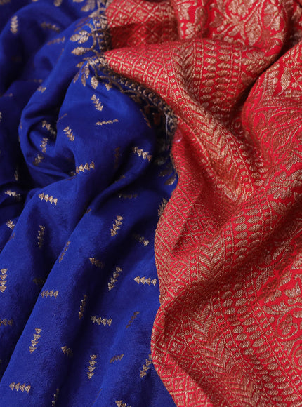 Banarasi crepe saree blue and red with allover thread & zari woven buttas and woven border