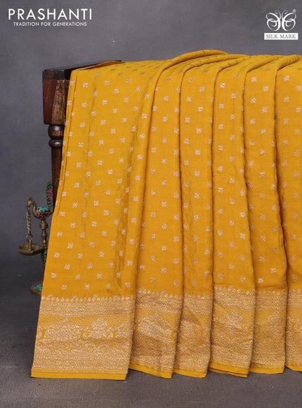 Banarasi crepe saree mustard yellow with allover thread & zari woven buttas and woven border