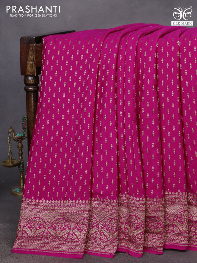 Banarasi crepe saree rani pink with allover thread & zari woven buttas and woven border