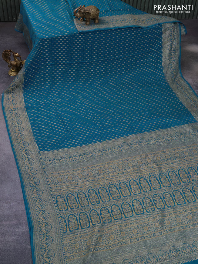 Banarasi crepe saree cs blue with allover thread & zari woven buttas and woven border